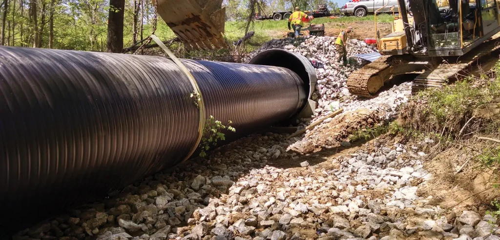 Large-diameter Spirolite HDPE pipe slip-lined inside an existing steel culvert
